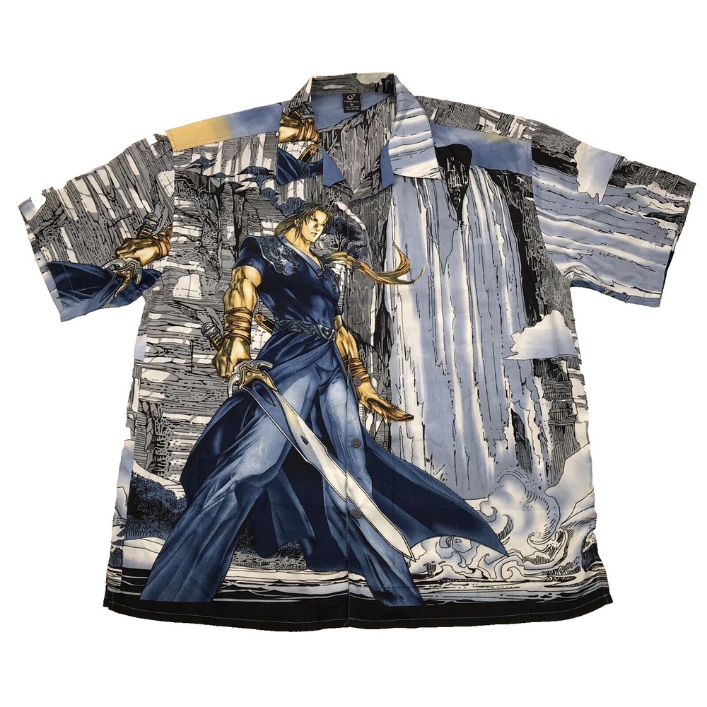 VTG Anime Samurai Button Shirt‎ Mens XL Claudio Nucci Sword Y2K All Over Print